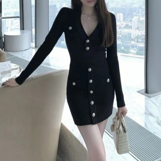 Dresses | Short Knitted Dress With Gold Buttons  –  Womens Clothing black