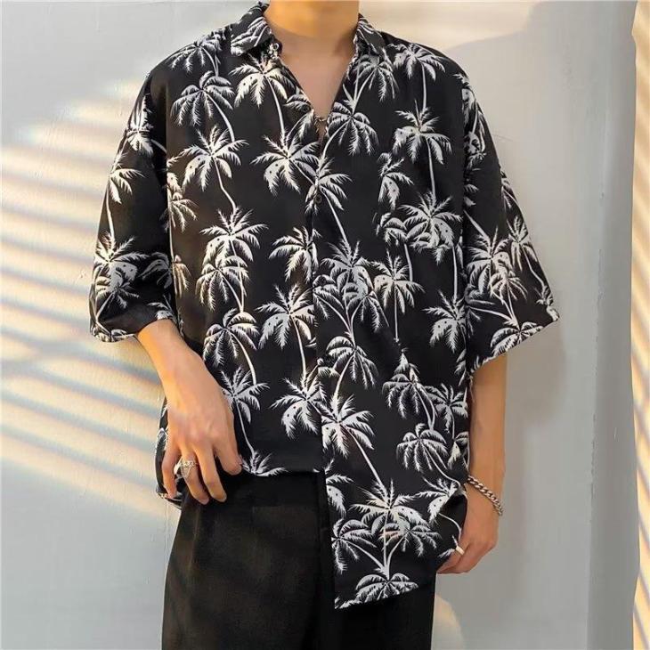 Shirts And Polos | Printed Satin Palm Tree Shirt  –  Mens Clothing black