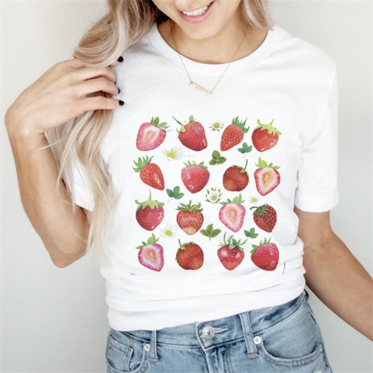 T-Shirts | Two-Tone T-Shirt With  Strawberry Print  –  Womens Clothing T-Shirts