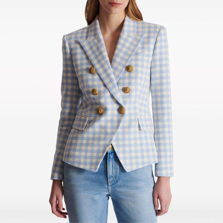 Jackets And Blazers | Gingham Tweed 6-Button Jacket  –  Womens Clothing blue